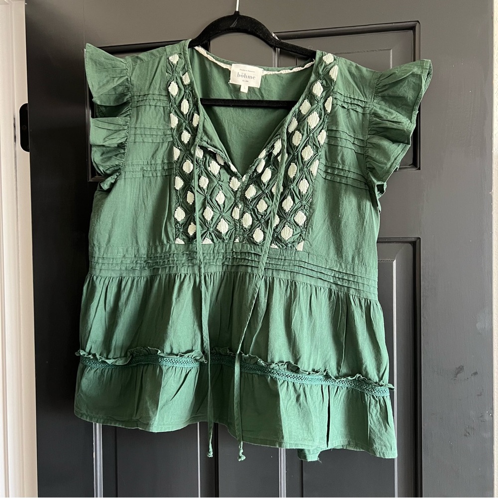 Anthropologie Green Blouse with White Accents